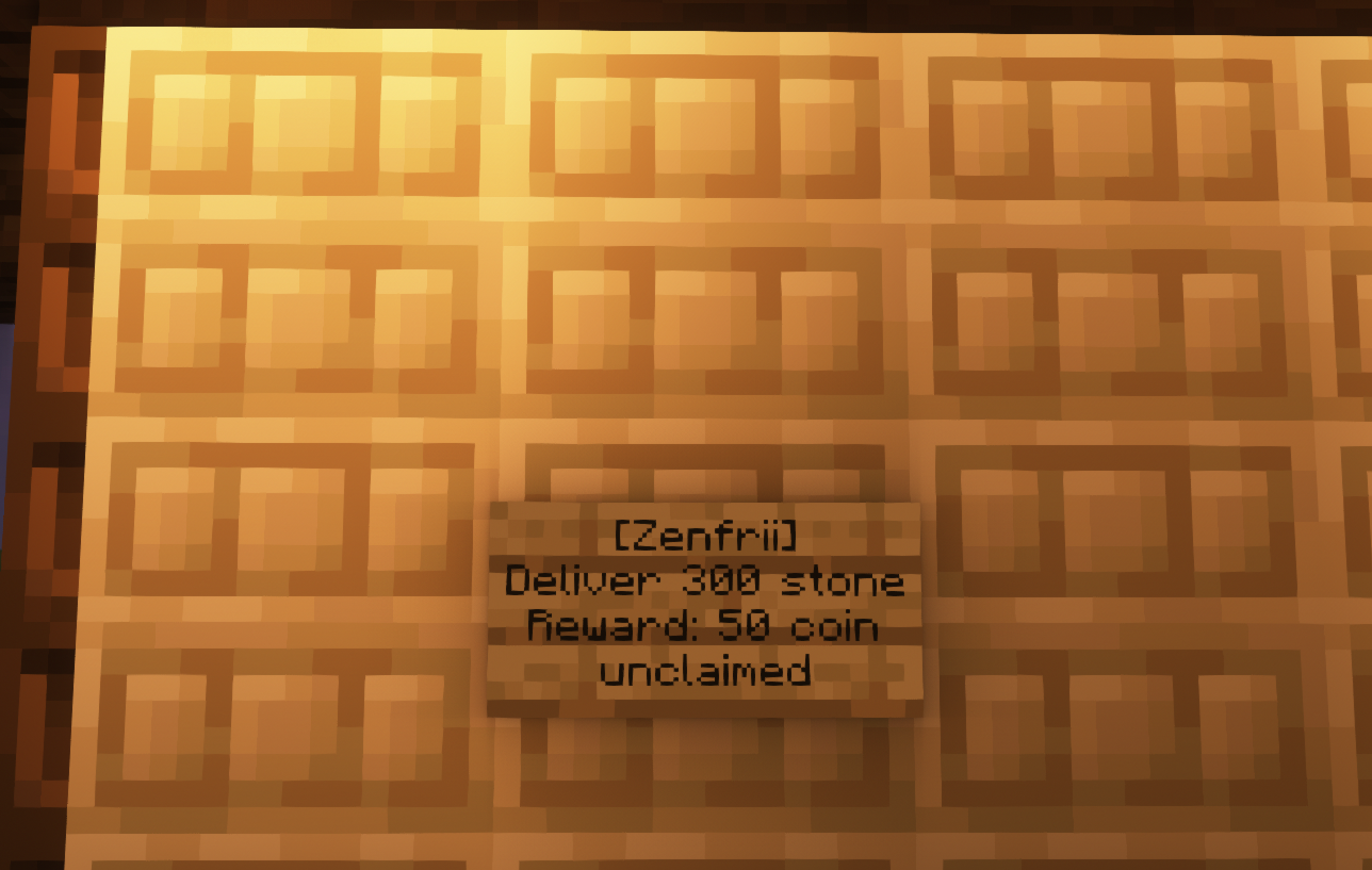 A screenshot of a sign that reads: Zenfrii, Deliver 300 stone, Reward: 50 coin, unclaimed